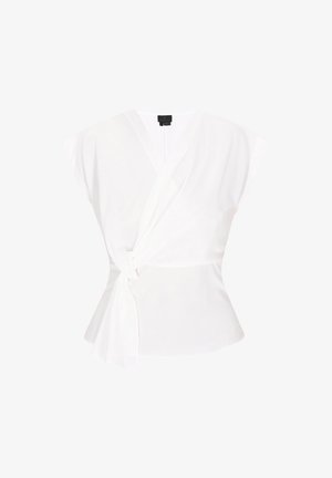 Fehér, rövid ujjú, v-nyakú blúz, deréknál megkötve, sima, könnyű anyagból készült, peplumos aljjal.