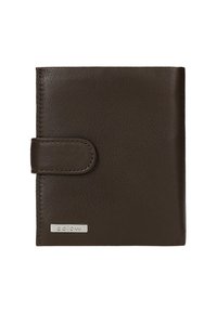 Portafoglio in pelle marrone con una texture liscia, design pieghevole e accento in argento con logo. Caratterizzato da una chiusura a pulsante per una chiusura sicura.