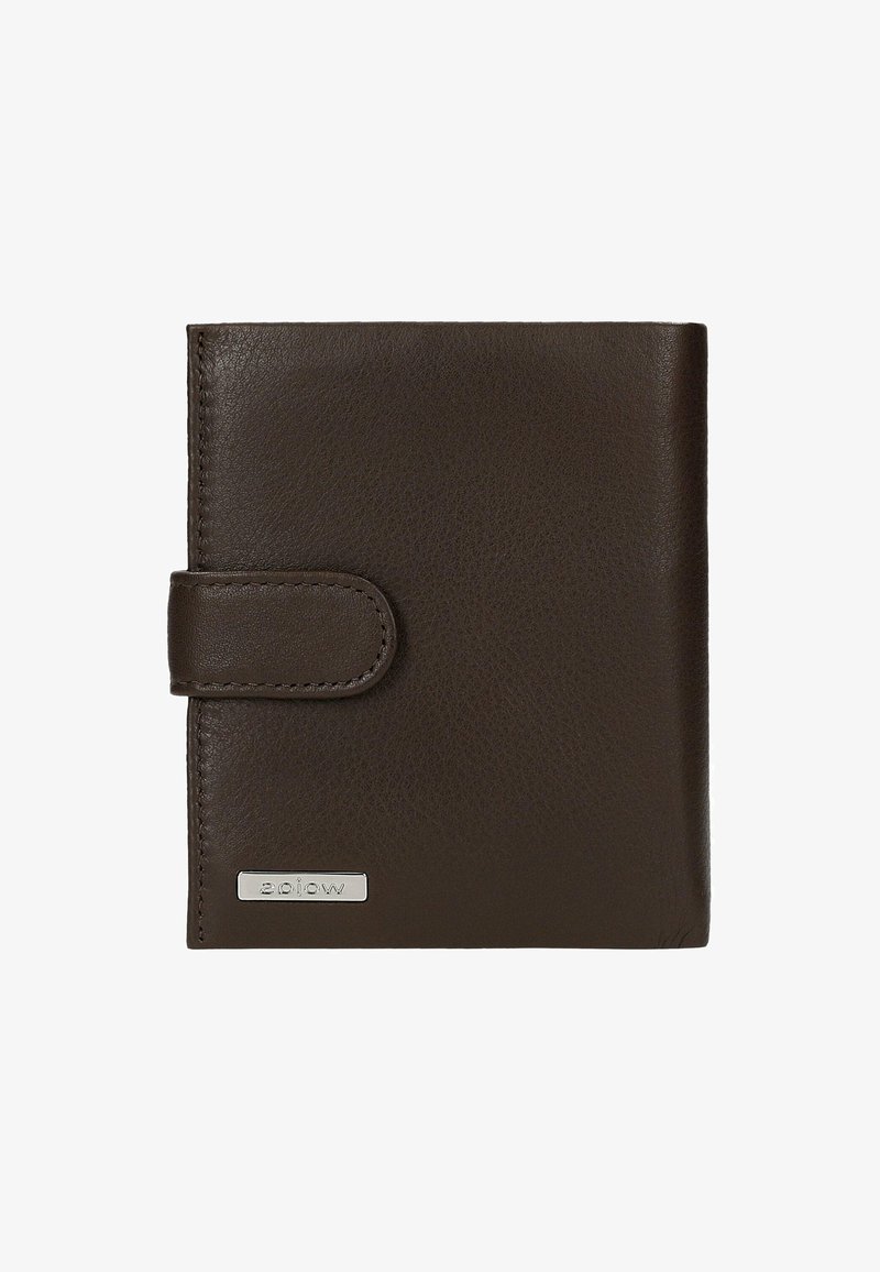 Portafoglio in pelle marrone con una texture liscia, design pieghevole e accento in argento con logo. Caratterizzato da una chiusura a pulsante per una chiusura sicura.
