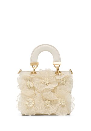 Cream-colored handbag with a curved handle and six large, sheer floral appliques covering the front.