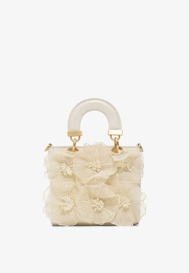 Sac à main couleur crème avec une anse courbée et six grandes appliques florales en organza couvrant le devant.