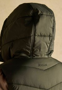 Dwuwarstwowa, ciemnozielona kurtka z kapturem z widocznymi szwami i haftem 'JOULES' na górze pleców, noszona przez osobę stojącą tyłem.