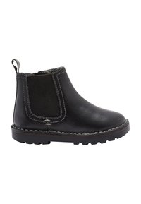 Bottine en cuir noir avec des panneaux latéraux élastiques, semelle en caoutchouc et couture décorative le long du bord. Surface texturée avec tirant.