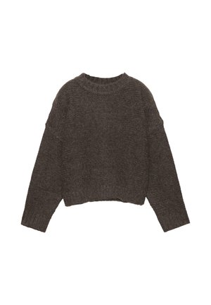 Brun, kort trøje med struktureret strikkedesign, brede ærmer og ribbet halsudskæring, med en afslappet pasform.