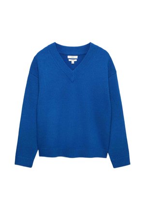 Blå uld strik V-hals sweater med lange ærmer og ribstrikkede manchetter og kant, vist på en hvid baggrund.