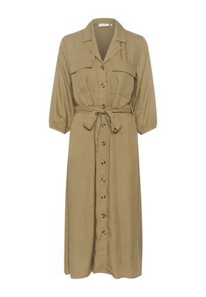 Khaki pogalvju kleita ar apkakli, īsām pūkainām piedurknēm, divām krūšu kabatām, jostas saitēm un pilnu garumu svārkiem ar pogu slēgtuvi.