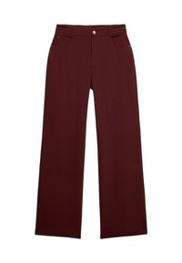 Bordeaux wijde broek van gladde stof, met een voorknopsluiting, twee frontzakken en minimale stikseldetails.