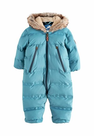 Tuta invernale imbottita per neonati di colore teal con cappuccio foderato in pelliccia sintetica, dotata di due tasche con zip e chiusura frontale con zip completa.