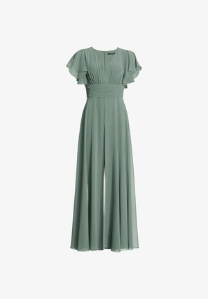 Dusty green maxi dress with short flutter sleeves, pleated bodice, and a flowing skirt featuring a front slit. Soft, lightweight fabric.