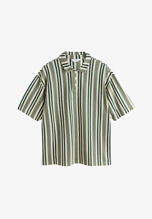 Poloshirt met korte mouwen en verticale strepen in groen, beige en wit, met een kraag en drie witte knopen op de plooi.