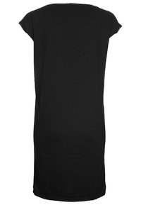 Svart knälång klänning med avslappnad passform, korta ärmar, inga synliga mönster och en slät yta. Enkel och mångsidig design.