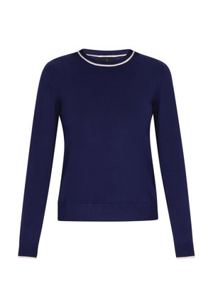Pull bleu marine à manches longues, avec un col rond et un bord contrastant clair sur le col et les poignets. Confectionné dans un tissu lisse et doux.