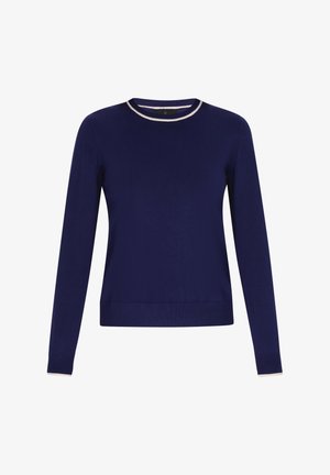Pull bleu marine à manches longues, avec un col rond et un bord contrastant clair sur le col et les poignets. Confectionné dans un tissu lisse et doux.