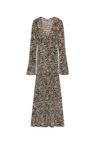 Long-sleeve, V-neck dress with brown and black leopard print, fitted waist, and ankle-length flowy skirt.