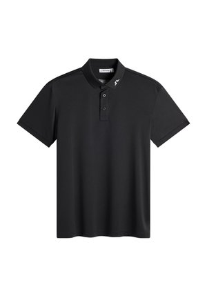 Polo noir à manches courtes avec trois boutons et un petit logo blanc sur la pointe gauche du col.