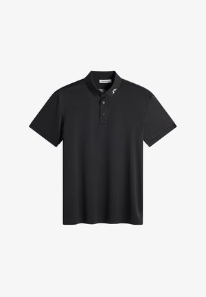 Polo noir à manches courtes avec trois boutons et un petit logo blanc sur la pointe gauche du col.