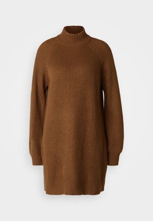 Brown knitted sweater dress with a high ribbed collar, long sleeves, and a loose fit. Features a textured pattern and ribbed cuffs.