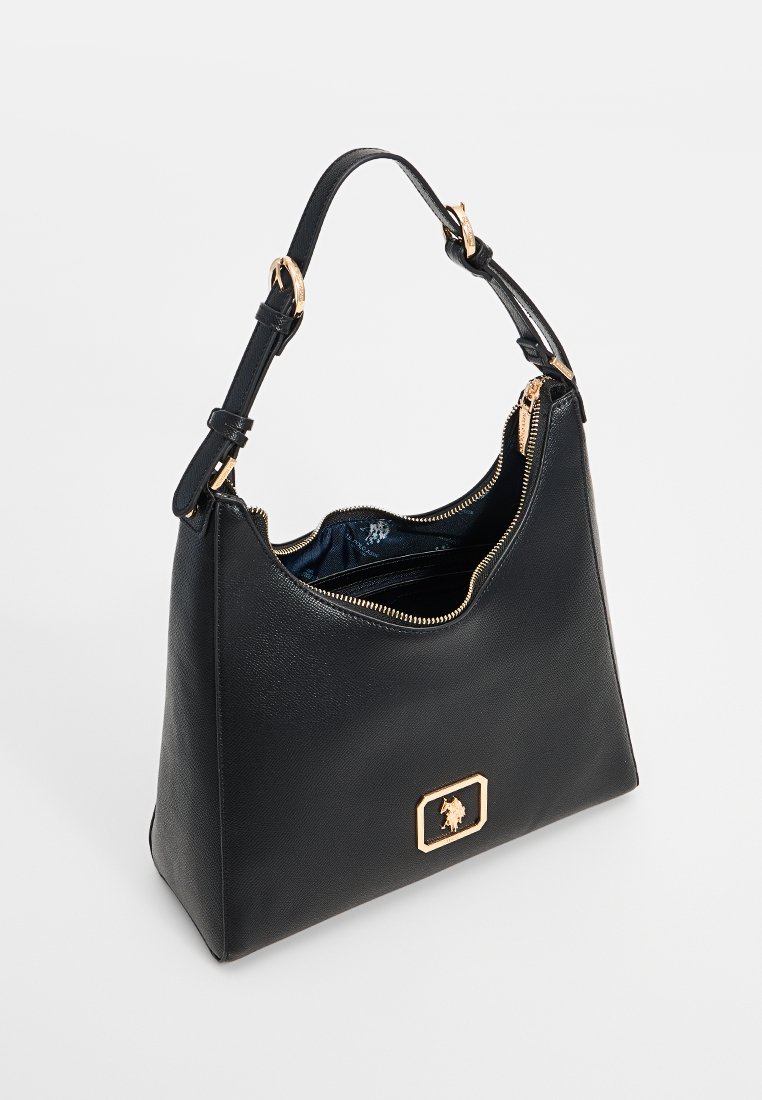Schwarze Lederhandtasche mit strukturierter Oberfläche, goldenen Beschlägen, Reißverschlussverschluss, verstellbarem Riemen und einem auffälligen Logo-Akzent. Offenes, sichtbares Innenleben.