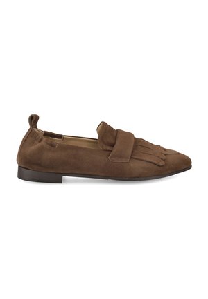 Brown suede flat loafer with fringed detailing and a low black sole, viewed from the side on a white background.