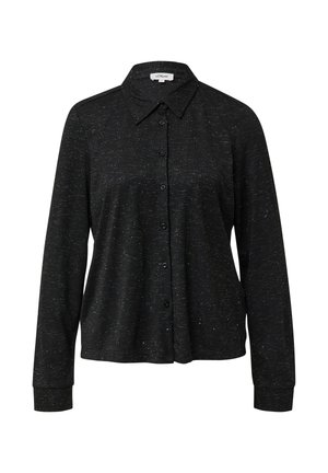 Juodas marškiniai su ilgomis rankovėmis, pagaminti iš tekstūruotos medžiagos su subtiliais sidabro taškeliais. Įprasta apykaklė ir priekinis mygtukų užsegimas.