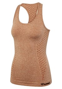 Hnědé atletické tílko z texturované látky s designem na zádech ve stylu racerback. Obsahuje vzorované boční panely a logo na lemu.