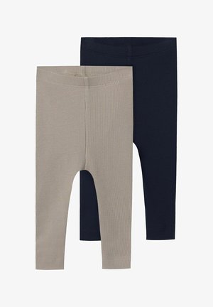 Twee paar legging: één in lichtbeige en de andere in donker marineblauw. Beide hebben een ribbelstructuur en een elastische tailleband.