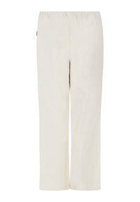 Crème wijde broek met een elastische tailleband, gemaakt van een zachte stof, met een rechte snit en zonder zichtbare patronen of accenten.
