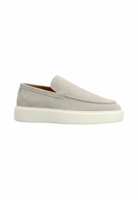 Gray suede slip-on shoe with a white rubber sole, featuring minimal stitching and a streamlined design. Smooth texture and rounded toe.