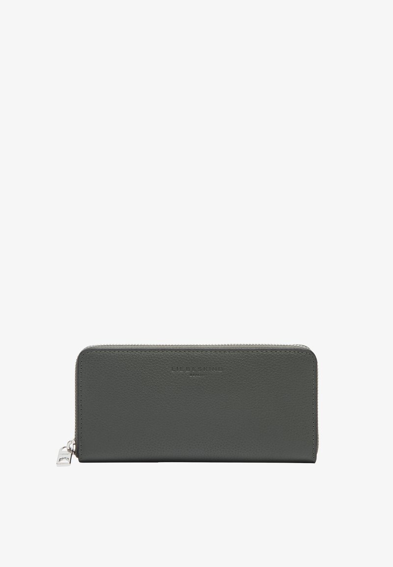 Szary portfel ze skóry o fakturowanej powierzchni, zamykany na zamek błyskawiczny, z wytłoczonym logo marki na przodzie. Prostokątny kształt, smukły design.