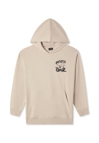 Felpa beige con tasca a soffietto frontale, cappuccio con cordoncino e una grafica nera che presenta un orso e del testo sulla parte sinistra del petto.