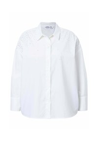 Camicia bianca in cotone con bottoni frontali, colletto a punta e maniche lunghe. Presenta strass sparsi sulle spalle per decorazione.