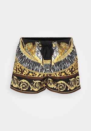 Shorts de bain noirs avec un motif audacieux de tigre et de zèbre, des accents dorés, et des motifs décoratifs complexes dans des nuances de marron et de jaune.