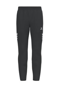 Pantaloni della tuta neri con vestibilità affusolata, cintura elastica e dettagli del logo bianco sulla parte anteriore e sulle strisce laterali. Realizzati in tessuto morbido.