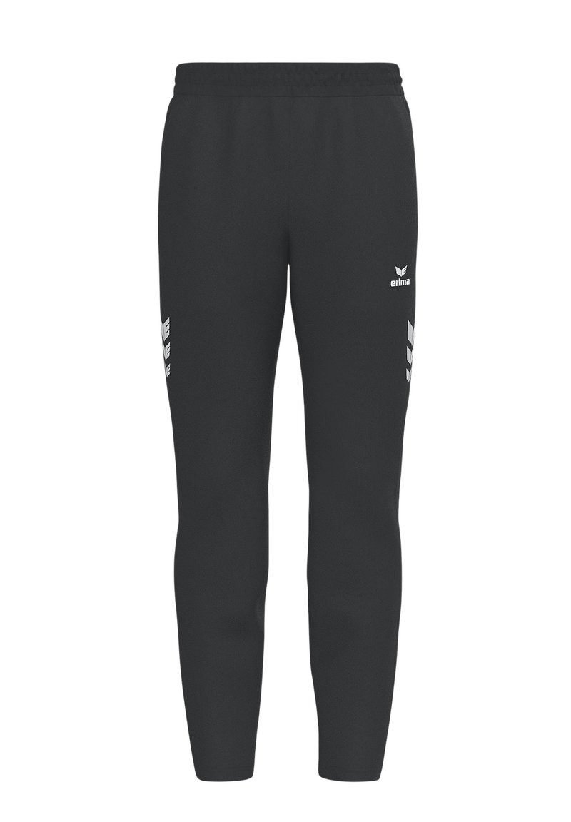 Pantaloni della tuta neri con vestibilità affusolata, cintura elastica e dettagli del logo bianco sulla parte anteriore e sulle strisce laterali. Realizzati in tessuto morbido.