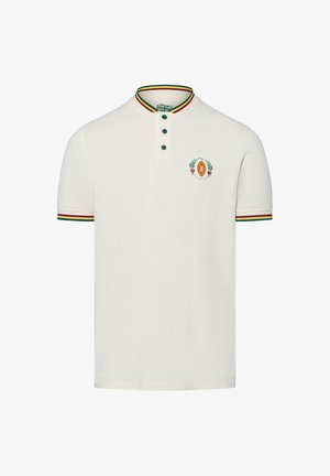 Polo shirt in cream with a three-button placket, green accents on the collar and sleeves, and an embroidered logo featuring foliage and a flower.