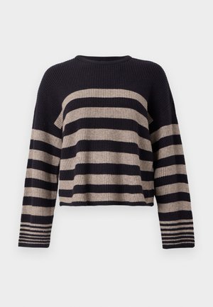 Knit sweater with horizontal navy and beige stripes, ribbed texture, round neckline, and long sleeves with striped accents at cuffs.