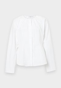 Blusa branca de manga longa com decote redondo, detalhes plissados nos ombros e corte reto. Feita de tecido suave e leve.