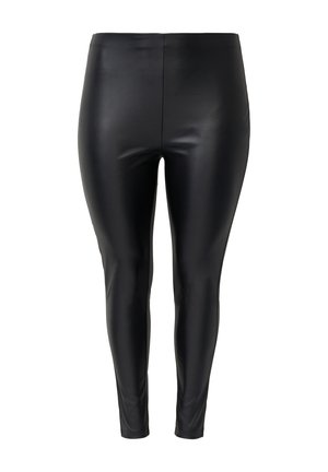 Czarne legginsy z ekoskóry o gładkiej, błyszczącej strukturze, z dopasowanym krojem i elastycznym pasem dla wygody.