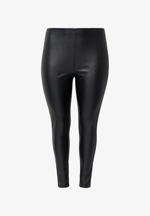Czarne legginsy z ekoskóry o gładkiej, błyszczącej strukturze, z dopasowanym krojem i elastycznym pasem dla wygody.