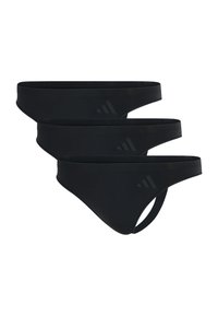 Svart bikinitruse-sett med glatt, elastisk stoff, minimalt design og særegent logo-print på siden. Tre deler inkludert.
