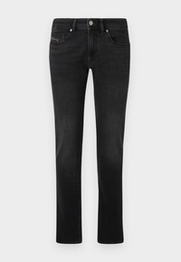 Blugi din denim negru cu un design drept, având buzunare frontale și dorsale, decolorare subtilă și închidere cu buton metalic.