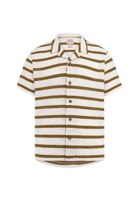Camisa de manga corta con cuello, que presenta rayas horizontales alternadas en verde oliva y blanco, y botones marrones a lo largo del frente.