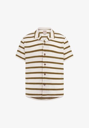 Cămașă cu mânecă scurtă și guler, cu dungi orizontale alternative de culoare verde măsliniu și alb, și nasturi maronii pe față.