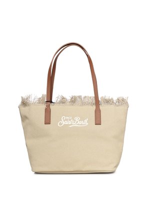 Beige canvas boodschappentas met rafelige bovenkant, bruine leren handvatten en wit "MC2 Saint Barth" logo aan de voorkant.