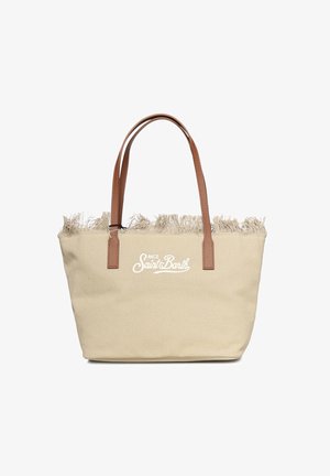 Beige canvas boodschappentas met rafelige bovenkant, bruine leren handvatten en wit "MC2 Saint Barth" logo aan de voorkant.