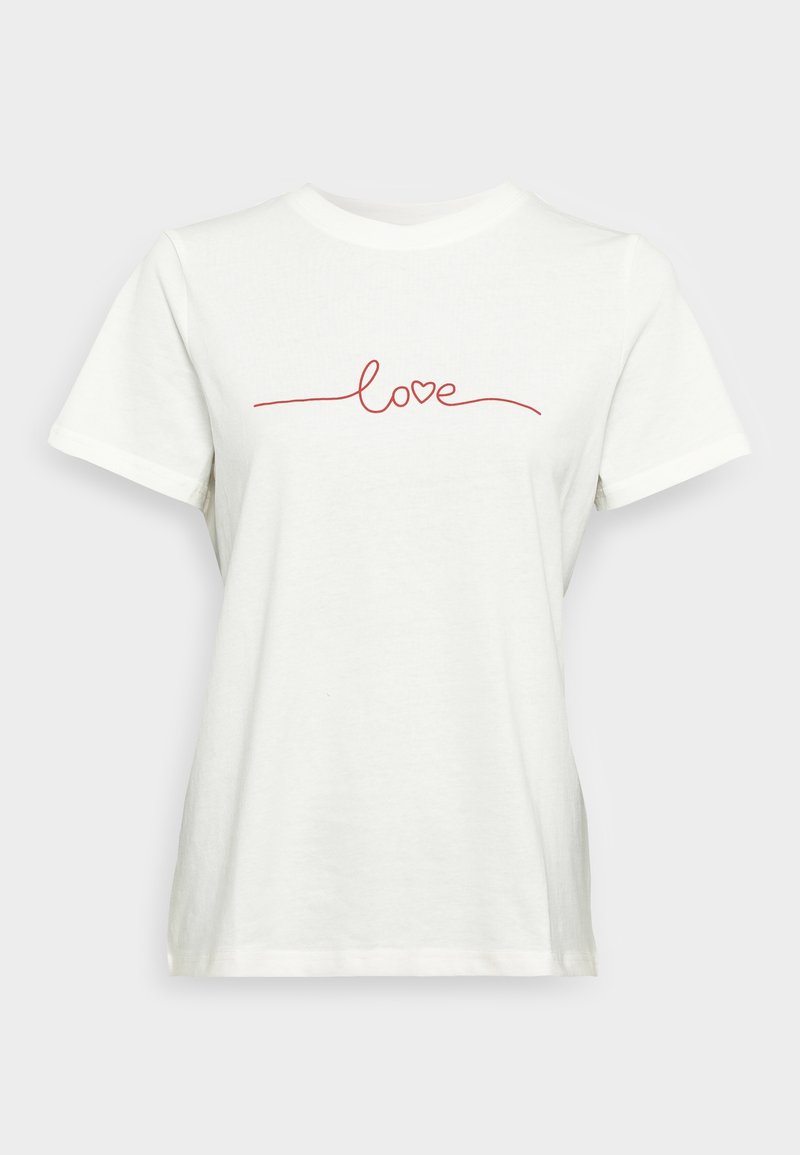 T-shirt en coton blanc à manches courtes, avec un texte rouge en cursive indiquant "love" accompagné d'un petit graphique en forme de cœur.