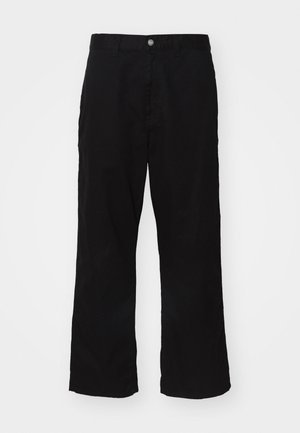 Black wide-leg pants made from cotton blend fabric, featuring a button closure and straight cut with minimal visible stitching.