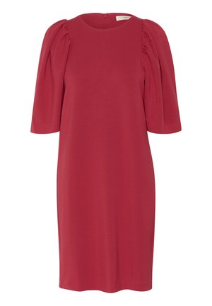 Punane kleit, mis on valmistatud pehmest kangast, ümmarguse kaelusega, lühikeste puffvarrukatega ja tagasihoidliku tõmblukuga taga.