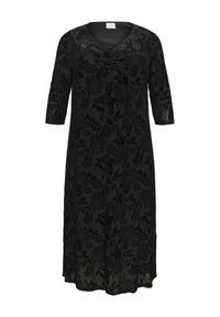 Fekete virágmintás ruha V-kivágással, 3/4-es ujjakkal és lágy fazonnal. Könnyű anyagból készült, texturált virágmintázattal.