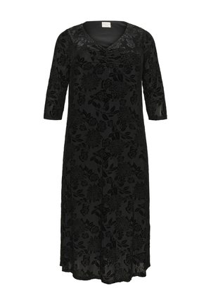 Zwarte bloemenjurk met een V-halslijn, 3/4 mouwen en een vloeiende silhouet. Gemaakt van lichtgewicht stof met een getextureerd bloemmotief.